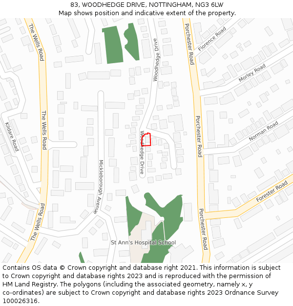 83, WOODHEDGE DRIVE, NOTTINGHAM, NG3 6LW: Location map and indicative extent of plot