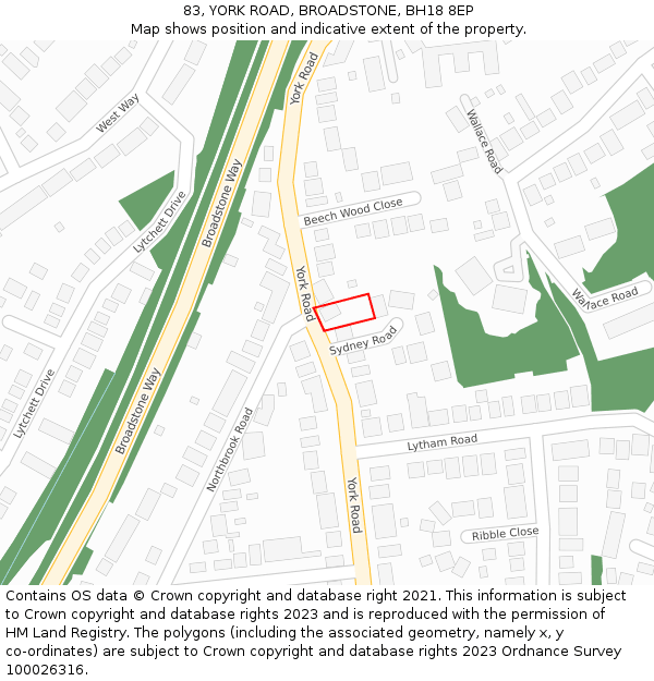 83, YORK ROAD, BROADSTONE, BH18 8EP: Location map and indicative extent of plot