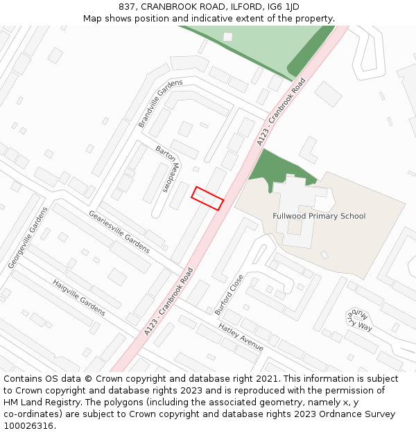 837, CRANBROOK ROAD, ILFORD, IG6 1JD: Location map and indicative extent of plot