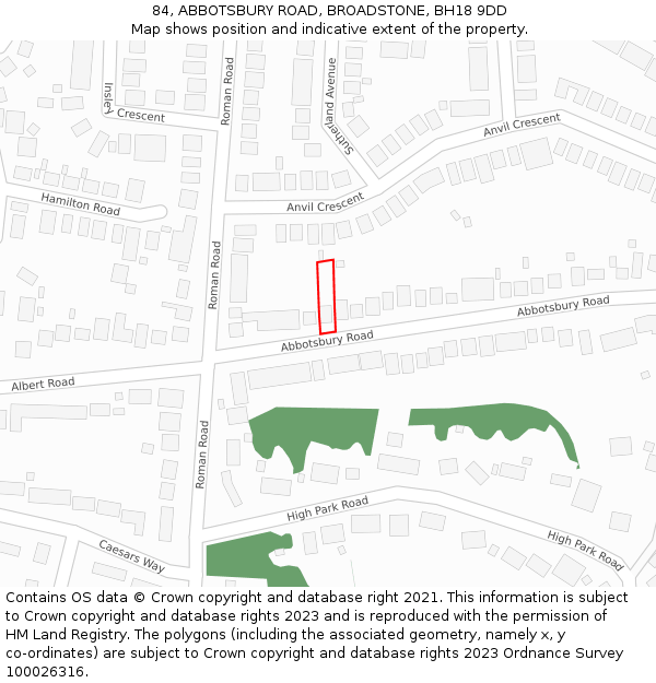 84, ABBOTSBURY ROAD, BROADSTONE, BH18 9DD: Location map and indicative extent of plot