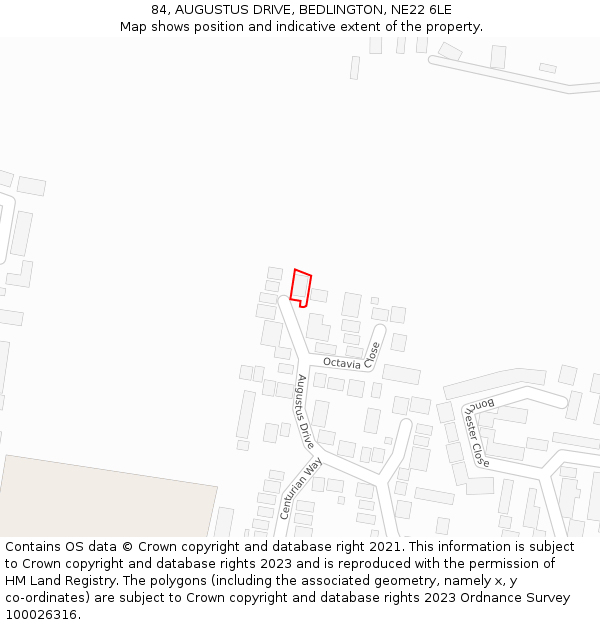 84, AUGUSTUS DRIVE, BEDLINGTON, NE22 6LE: Location map and indicative extent of plot