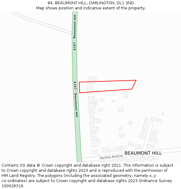 84, BEAUMONT HILL, DARLINGTON, DL1 3ND: Location map and indicative extent of plot