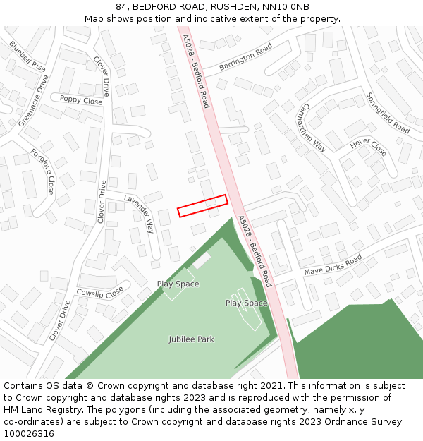 84, BEDFORD ROAD, RUSHDEN, NN10 0NB: Location map and indicative extent of plot