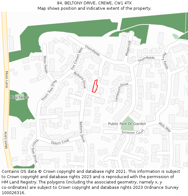 84, BELTONY DRIVE, CREWE, CW1 4TX: Location map and indicative extent of plot