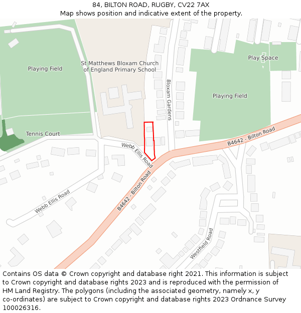 84, BILTON ROAD, RUGBY, CV22 7AX: Location map and indicative extent of plot