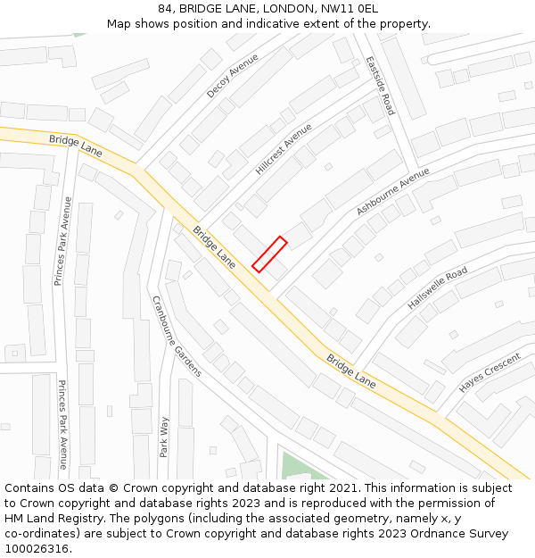 84, BRIDGE LANE, LONDON, NW11 0EL: Location map and indicative extent of plot