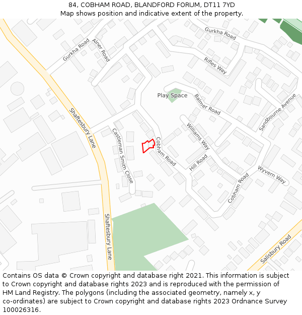 84, COBHAM ROAD, BLANDFORD FORUM, DT11 7YD: Location map and indicative extent of plot