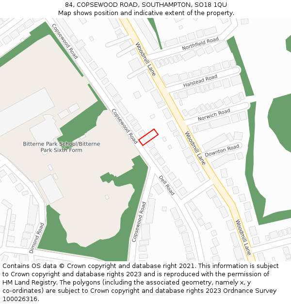 84, COPSEWOOD ROAD, SOUTHAMPTON, SO18 1QU: Location map and indicative extent of plot