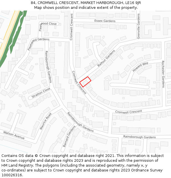 84, CROMWELL CRESCENT, MARKET HARBOROUGH, LE16 9JR: Location map and indicative extent of plot