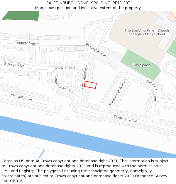 84, EDINBURGH DRIVE, SPALDING, PE11 2RT: Location map and indicative extent of plot