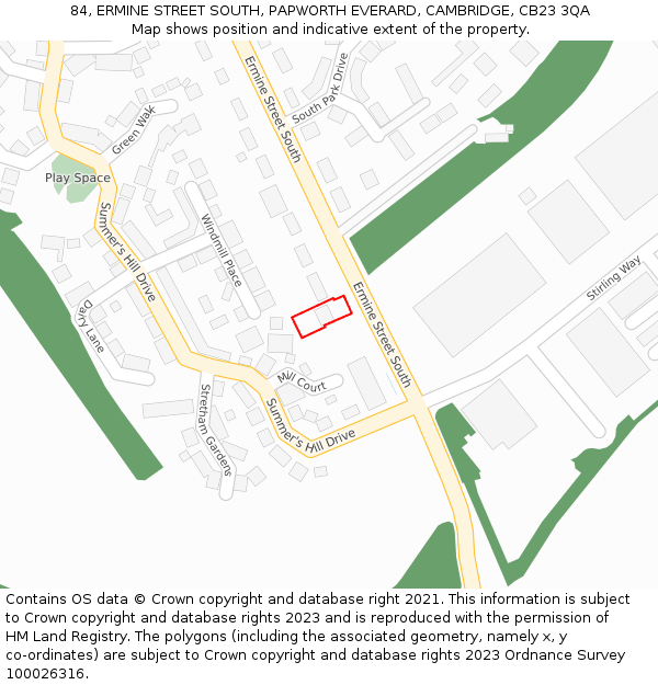 84, ERMINE STREET SOUTH, PAPWORTH EVERARD, CAMBRIDGE, CB23 3QA: Location map and indicative extent of plot