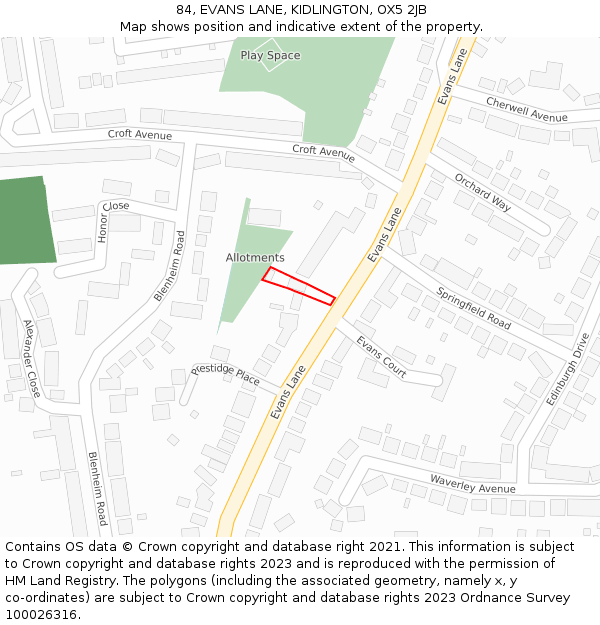 84, EVANS LANE, KIDLINGTON, OX5 2JB: Location map and indicative extent of plot