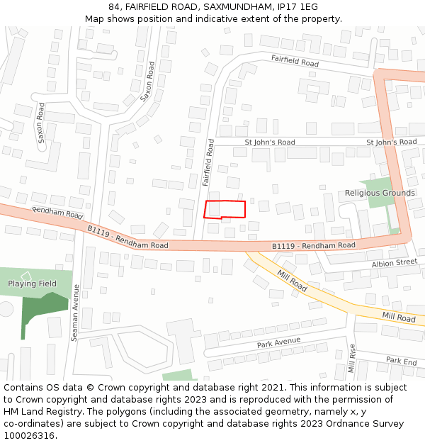 84, FAIRFIELD ROAD, SAXMUNDHAM, IP17 1EG: Location map and indicative extent of plot