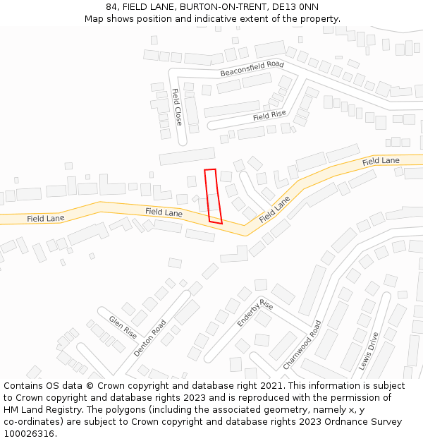 84, FIELD LANE, BURTON-ON-TRENT, DE13 0NN: Location map and indicative extent of plot