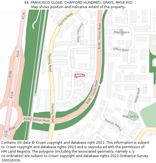 84, FRANCISCO CLOSE, CHAFFORD HUNDRED, GRAYS, RM16 6YD: Location map and indicative extent of plot