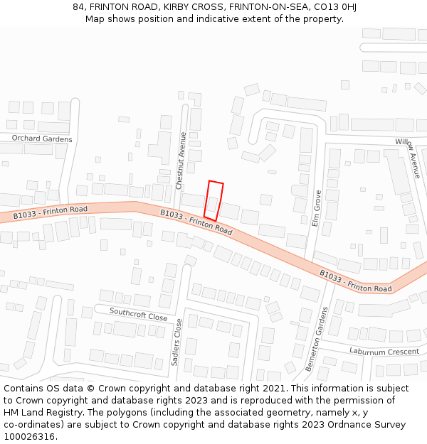 84, FRINTON ROAD, KIRBY CROSS, FRINTON-ON-SEA, CO13 0HJ: Location map and indicative extent of plot