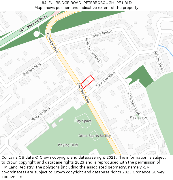 84, FULBRIDGE ROAD, PETERBOROUGH, PE1 3LD: Location map and indicative extent of plot