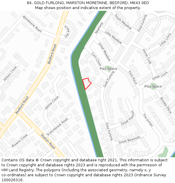 84, GOLD FURLONG, MARSTON MORETAINE, BEDFORD, MK43 0ED: Location map and indicative extent of plot