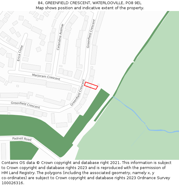 84, GREENFIELD CRESCENT, WATERLOOVILLE, PO8 9EL: Location map and indicative extent of plot
