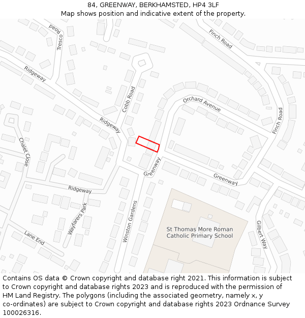 84, GREENWAY, BERKHAMSTED, HP4 3LF: Location map and indicative extent of plot