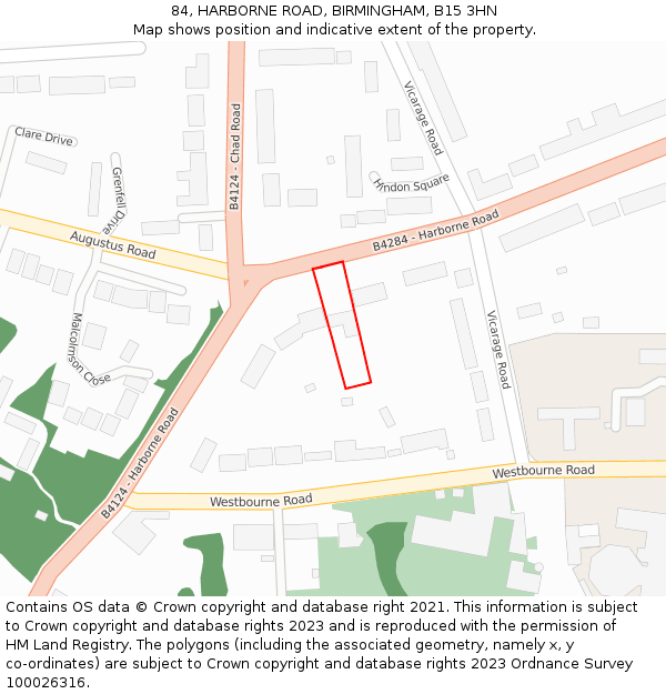 84, HARBORNE ROAD, BIRMINGHAM, B15 3HN: Location map and indicative extent of plot