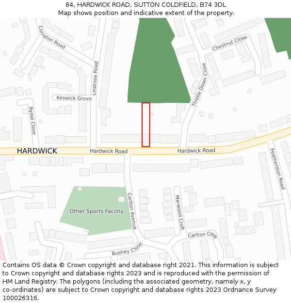 84, HARDWICK ROAD, SUTTON COLDFIELD, B74 3DL: Location map and indicative extent of plot