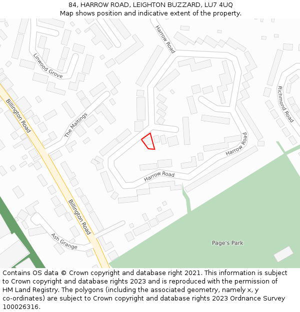 84, HARROW ROAD, LEIGHTON BUZZARD, LU7 4UQ: Location map and indicative extent of plot