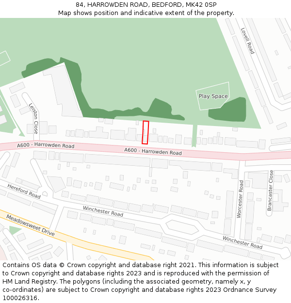 84, HARROWDEN ROAD, BEDFORD, MK42 0SP: Location map and indicative extent of plot