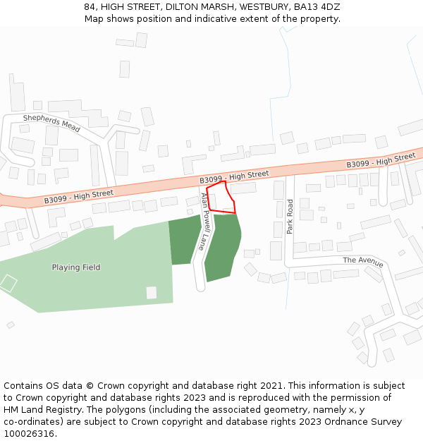 84, HIGH STREET, DILTON MARSH, WESTBURY, BA13 4DZ: Location map and indicative extent of plot