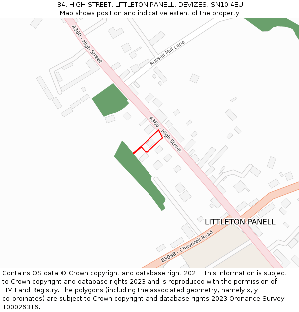 84, HIGH STREET, LITTLETON PANELL, DEVIZES, SN10 4EU: Location map and indicative extent of plot