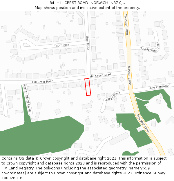 84, HILLCREST ROAD, NORWICH, NR7 0JU: Location map and indicative extent of plot