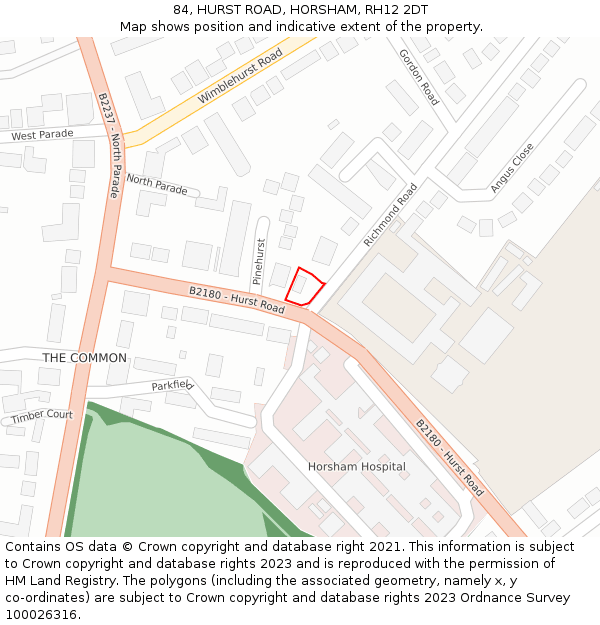 84, HURST ROAD, HORSHAM, RH12 2DT: Location map and indicative extent of plot