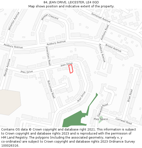 84, JEAN DRIVE, LEICESTER, LE4 0GD: Location map and indicative extent of plot