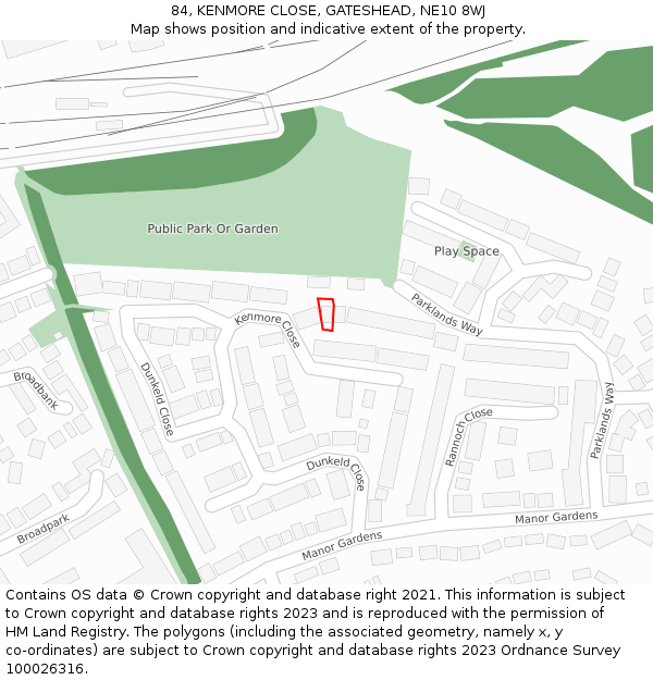 84, KENMORE CLOSE, GATESHEAD, NE10 8WJ: Location map and indicative extent of plot