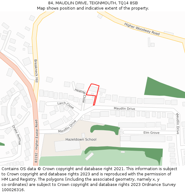 84, MAUDLIN DRIVE, TEIGNMOUTH, TQ14 8SB: Location map and indicative extent of plot