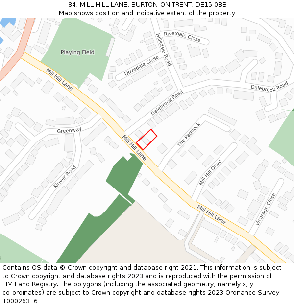 84, MILL HILL LANE, BURTON-ON-TRENT, DE15 0BB: Location map and indicative extent of plot
