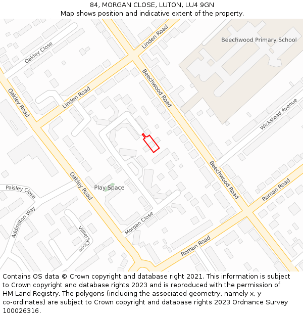 84, MORGAN CLOSE, LUTON, LU4 9GN: Location map and indicative extent of plot