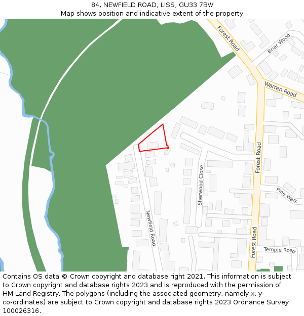 84, NEWFIELD ROAD, LISS, GU33 7BW: Location map and indicative extent of plot