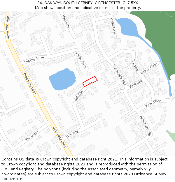 84, OAK WAY, SOUTH CERNEY, CIRENCESTER, GL7 5XX: Location map and indicative extent of plot