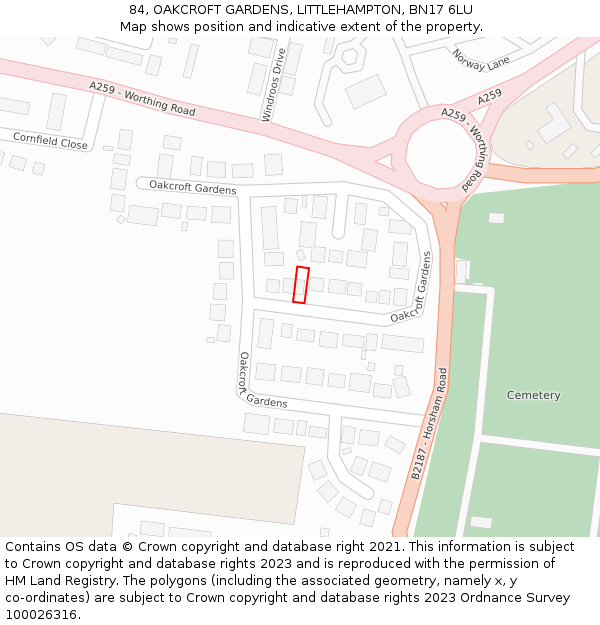 84, OAKCROFT GARDENS, LITTLEHAMPTON, BN17 6LU: Location map and indicative extent of plot