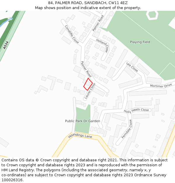 84, PALMER ROAD, SANDBACH, CW11 4EZ: Location map and indicative extent of plot