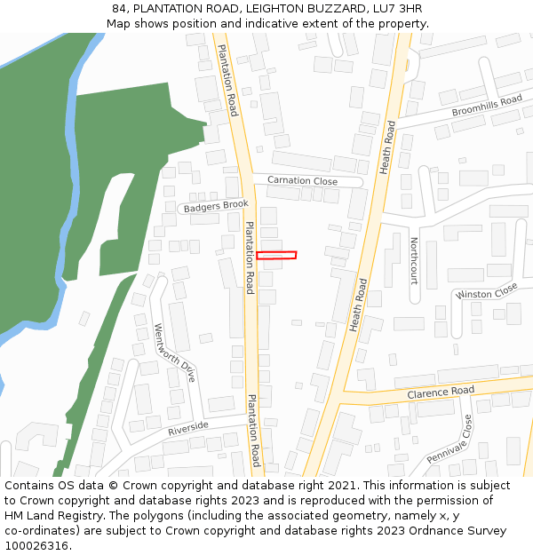 84, PLANTATION ROAD, LEIGHTON BUZZARD, LU7 3HR: Location map and indicative extent of plot