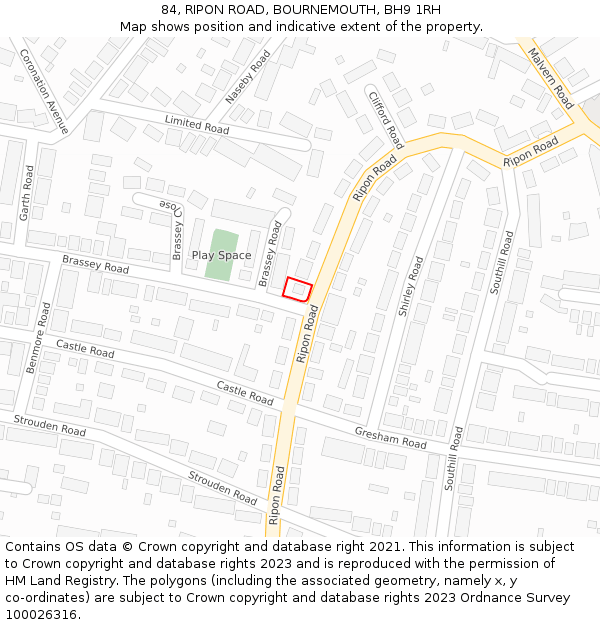 84, RIPON ROAD, BOURNEMOUTH, BH9 1RH: Location map and indicative extent of plot