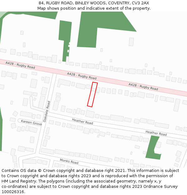 84, RUGBY ROAD, BINLEY WOODS, COVENTRY, CV3 2AX: Location map and indicative extent of plot