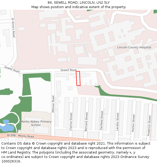 84, SEWELL ROAD, LINCOLN, LN2 5LY: Location map and indicative extent of plot
