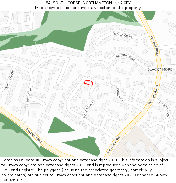84, SOUTH COPSE, NORTHAMPTON, NN4 0RY: Location map and indicative extent of plot