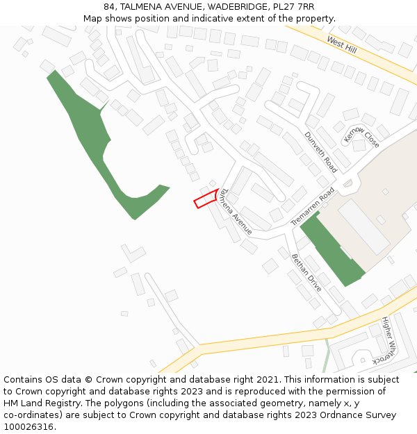 84, TALMENA AVENUE, WADEBRIDGE, PL27 7RR: Location map and indicative extent of plot