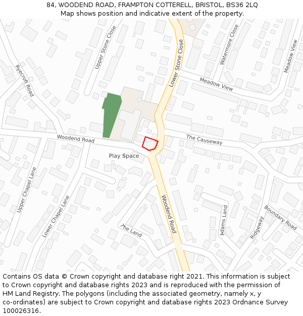 84, WOODEND ROAD, FRAMPTON COTTERELL, BRISTOL, BS36 2LQ: Location map and indicative extent of plot