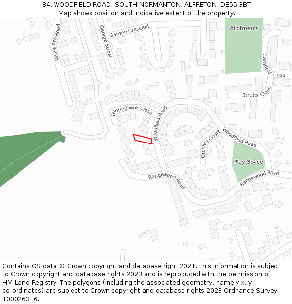 84, WOODFIELD ROAD, SOUTH NORMANTON, ALFRETON, DE55 3BT: Location map and indicative extent of plot