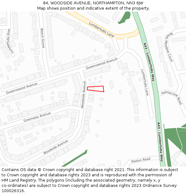 84, WOODSIDE AVENUE, NORTHAMPTON, NN3 6JW: Location map and indicative extent of plot